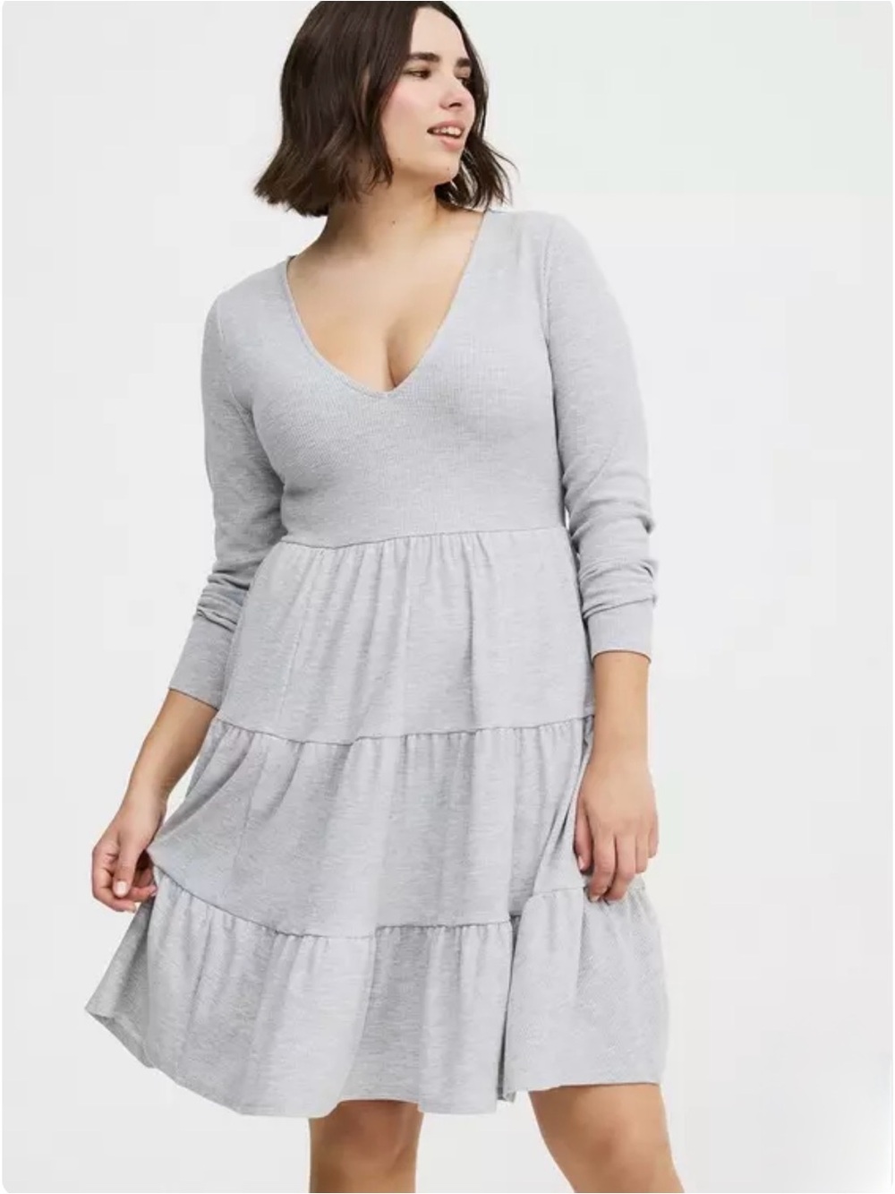 torrid Light Gray V-Neck Long Sleeve Tiered Dress
